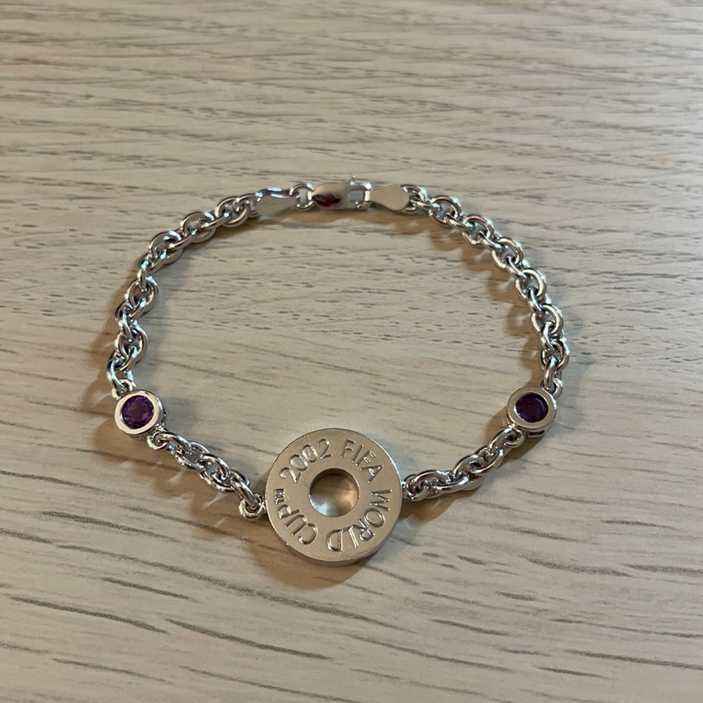 2002 FIFA WORLD CUP BRACELET SILVER TONE W/ PURPLE